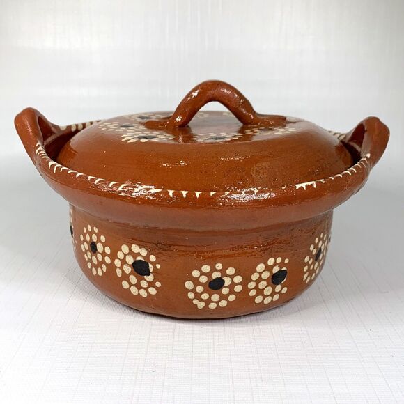 Primitive Covered Dish Tonala Terracotta Lid Hand Painted Mexico Rustic Vintage - Picture 4 of 7